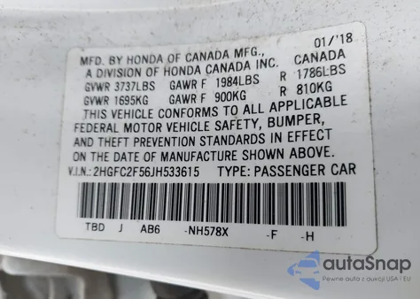 2018 Honda Civic Lx из США, поврежденный, VIN 2HGFC2F56JH533615